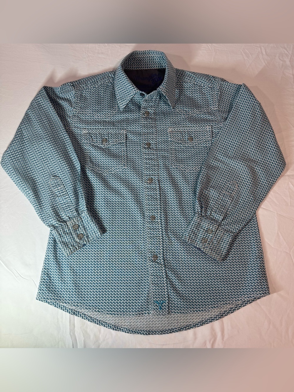 Wrangler 20X Boys M Competition Pearl Snap Western Shirt Teal Geometric